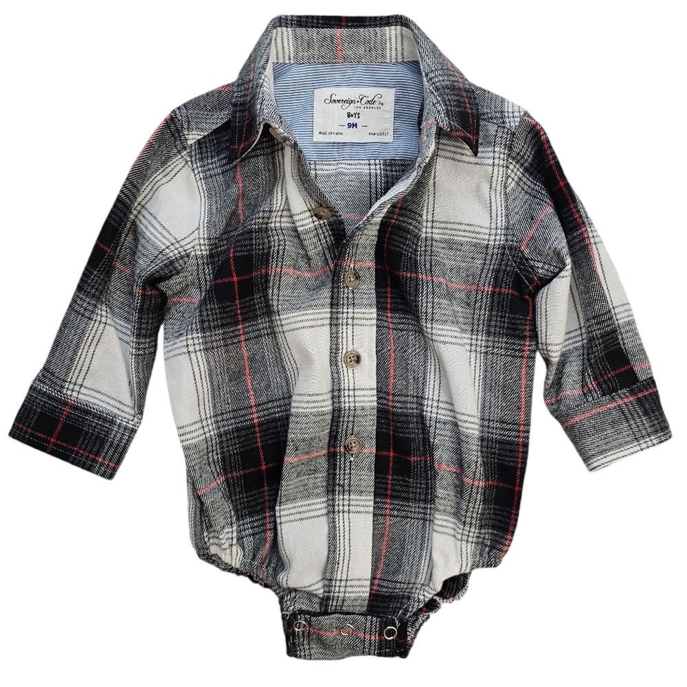 Nwot Sovereign Code Boys Black/Red/White/Gray Plaid Flannel Collared Onsie